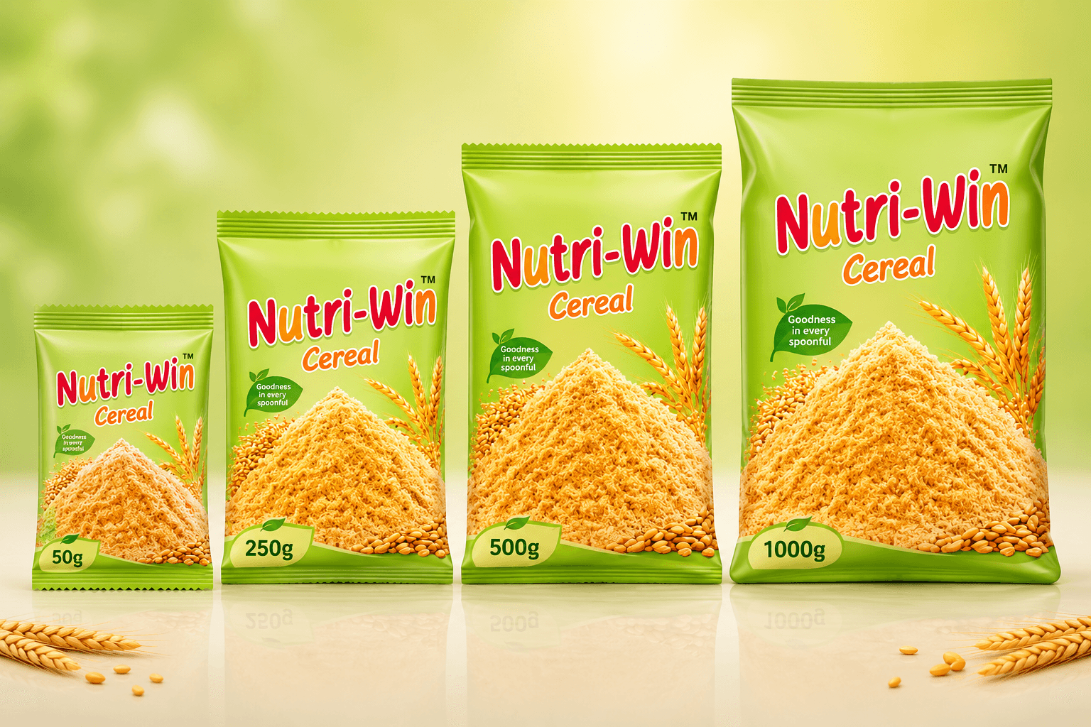 Nutri-Win Cereal — four pack sizes: 50g, 250g, 500g, 1000g